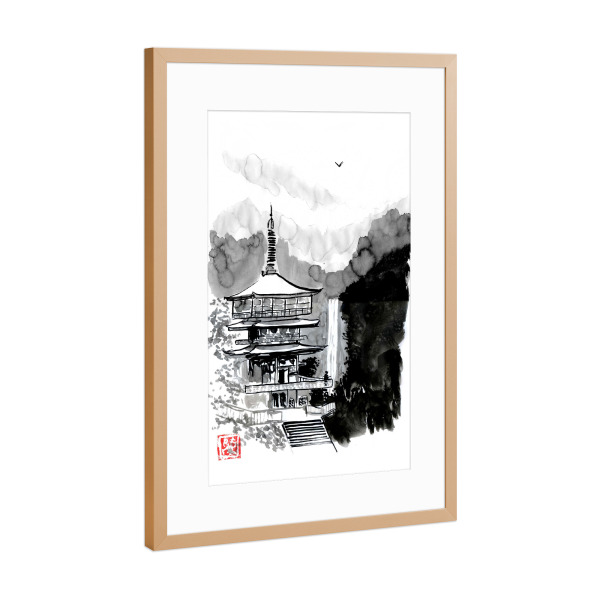 Poster mit Rahmen Kupfer "Pagode und Herbst" artboxONE - Schwarzweiß,Reise / Asien - Fallen,Pagode,Samurai,Sumie,Japan,Berg