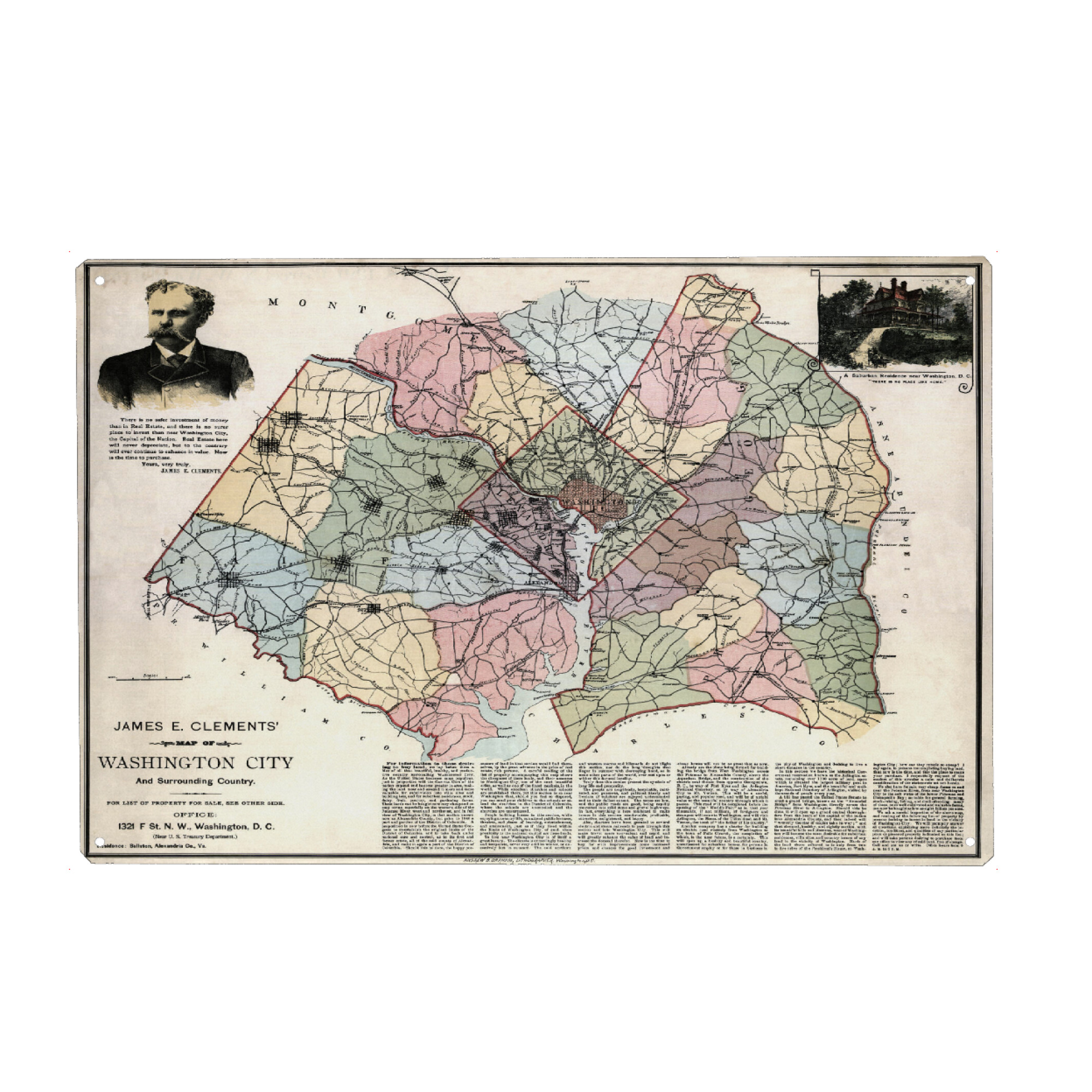 Metall Poster "Karte von Washington City" artboxONE - Kartografie - Karte,Retro,Jahrgang,Bildlich,Alt,Farbe,Weltkarte,Reise,Washington,Amerika