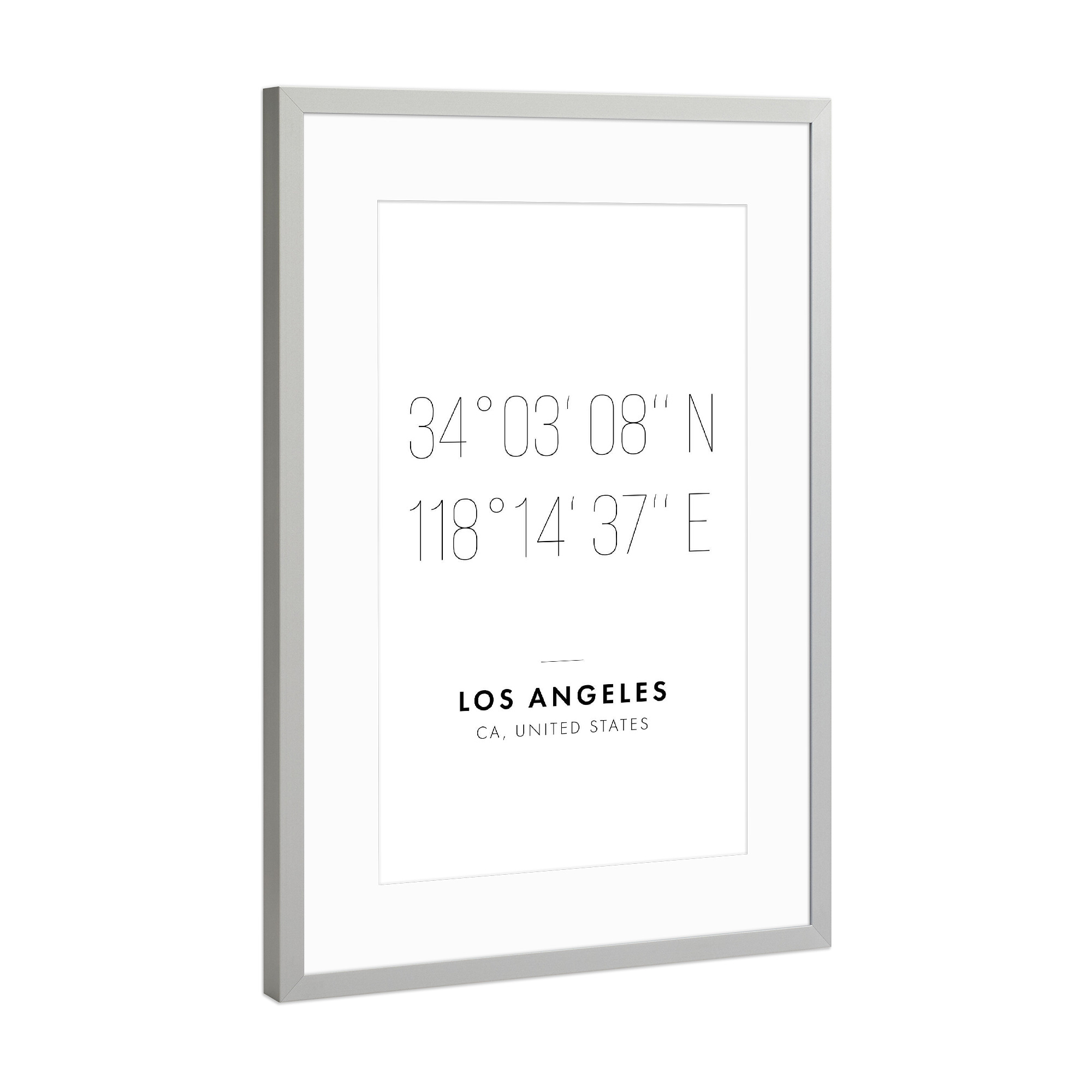 Poster mit Rahmen Silber "Koordinaten Los Angeles" artboxONE - Städte,Reise,Schwarzweiß,Städte / Los Angeles,Kartografie