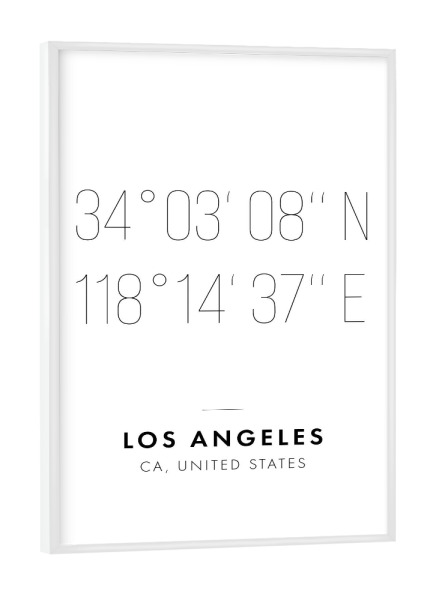 Poster mit weißem Rahmen "Koordinaten Los Angeles" artboxONE - Städte,Reise,Schwarzweiß,Städte / Los Angeles,Kartografie