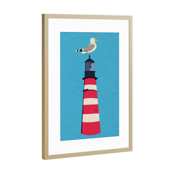 Poster mit Rahmen Gold "Ne Möwe auf'm Leuchtturm" artboxONE - Für Kinder,Architektur,Reise / Strand und Meer