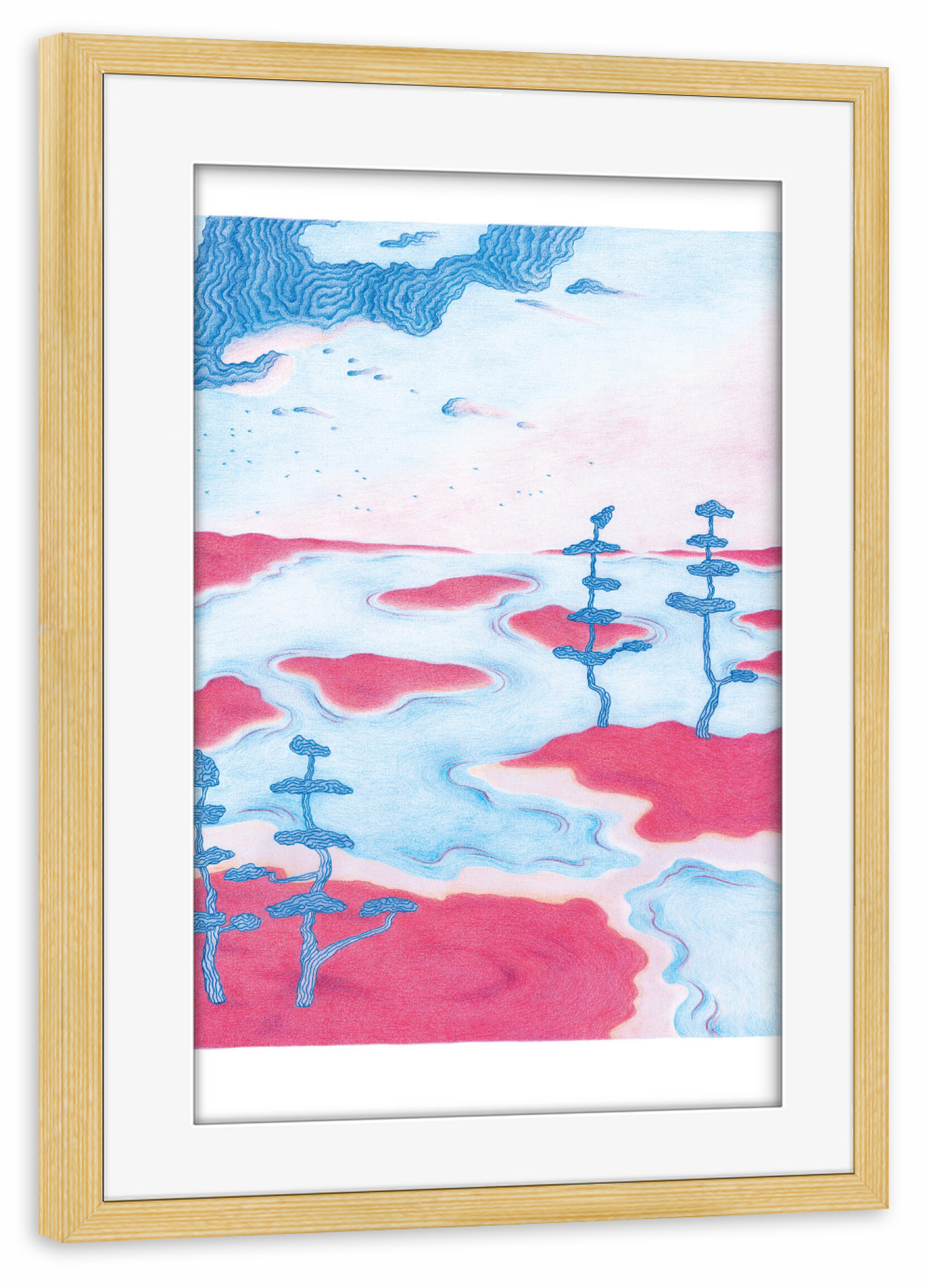 Poster mit Rahmen kiefer "Pastell-Landschaft" artboxONE - Natur,Abstrakt - Landschaft,Landscape,Tree,Baum,Wolken,Insel,Wasser,See