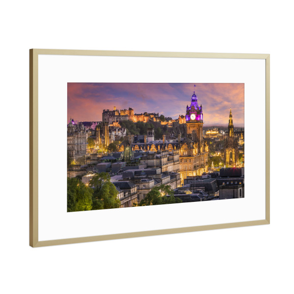 Poster mit Rahmen Gold "Sonnenuntergang in Edinburgh" artboxONE - Städte,Architektur