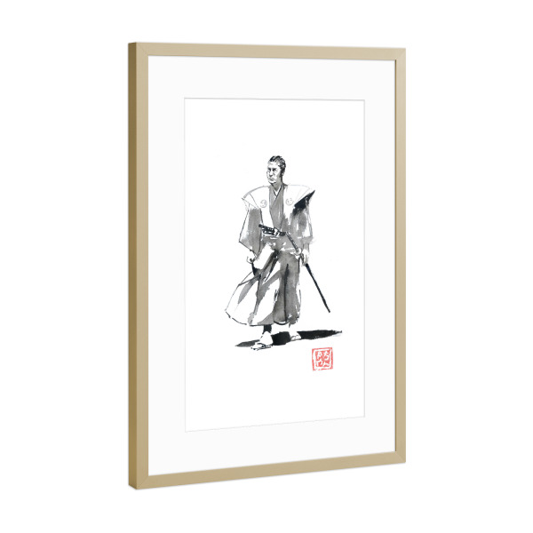 Poster mit Rahmen Gold "Samurai-Spaziergang" artboxONE - Menschen,Schwarzweiß,Männer - Samurai,Sumie,Japan,Schwarzweiß