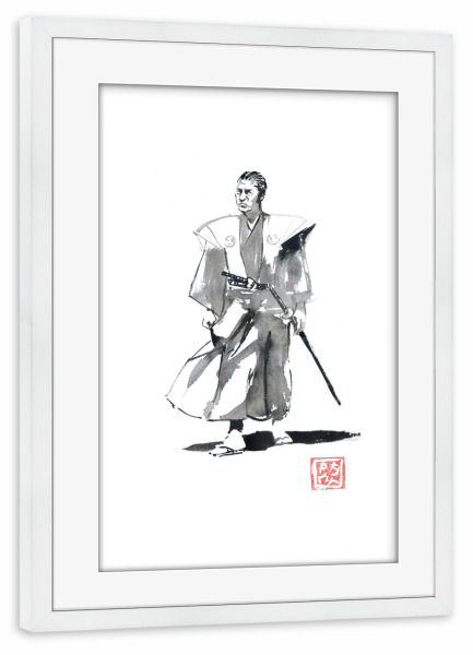 Poster mit Rahmen weiß "Samurai-Spaziergang" artboxONE - Menschen,Schwarzweiß,Männer - Samurai,Sumie,Japan,Schwarzweiß