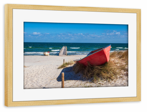 Poster mit Rahmen kiefer "Boot, Düne und Ostsee" artboxONE - Natur,Reise,Reise / Strand und Meer