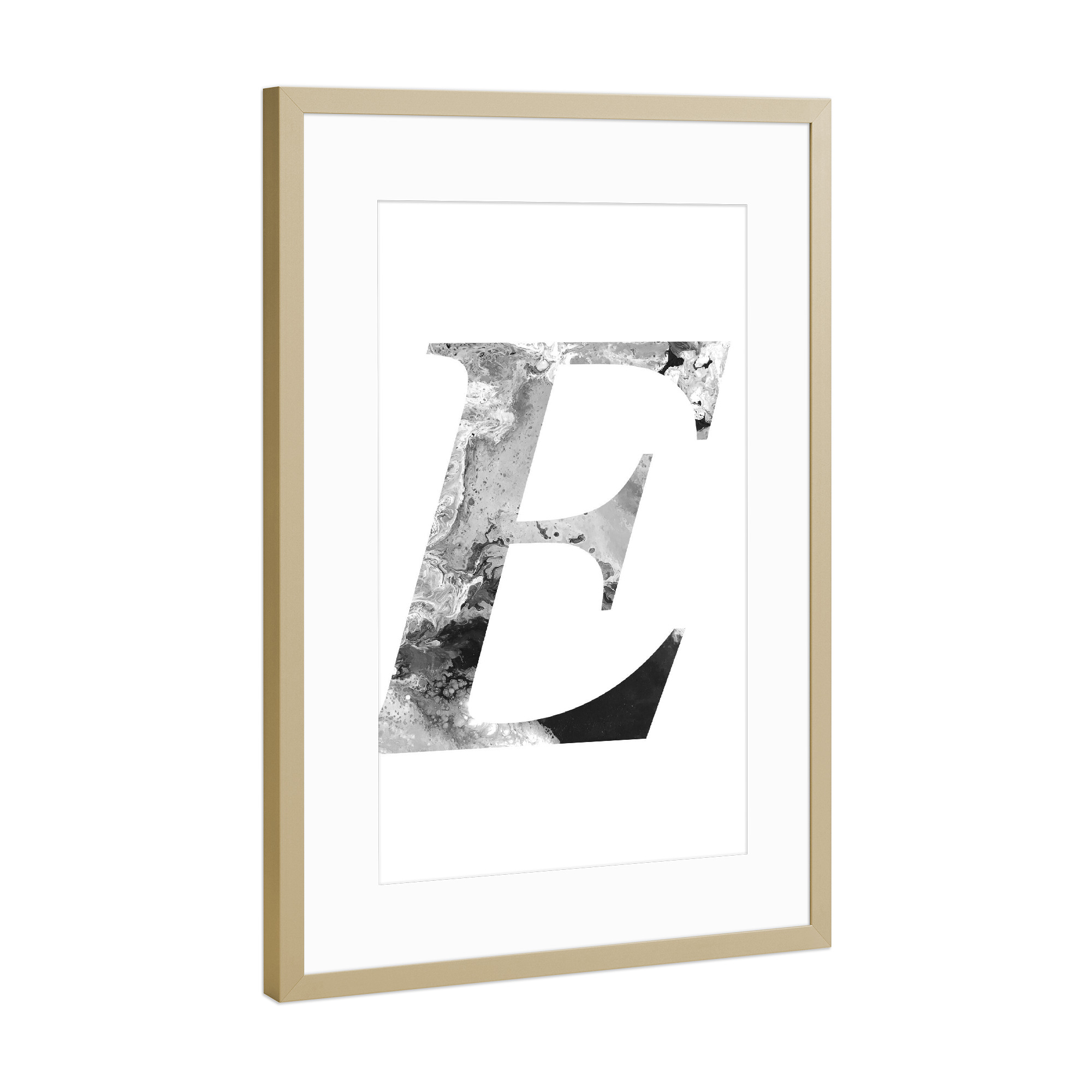 Poster mit Rahmen Gold "Buchstabe Alphabet E" artboxONE - Typografie,Schwarzweiß,Buchstaben,Buchstaben / E
