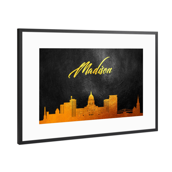 Poster mit Rahmen Schwarz (Metallic) "Madison Wisconsin Gold-Skyline" artboxONE - Städte - Madison,Wisconsin,Gold,Skyline,Stadt