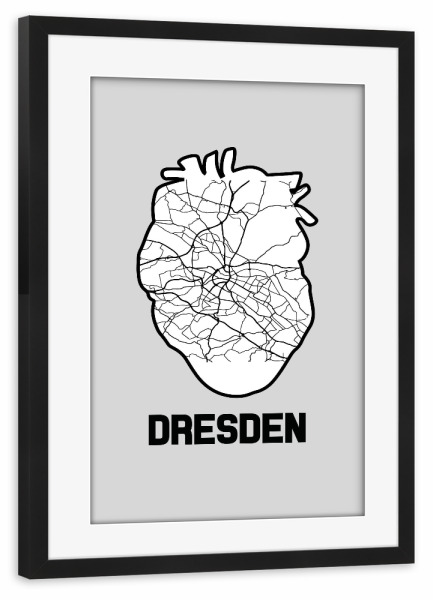 Poster mit Rahmen schwarz "Dresden Herzkarte - weiß" artboxONE - Reise,Städte / Dresden,Kartografie