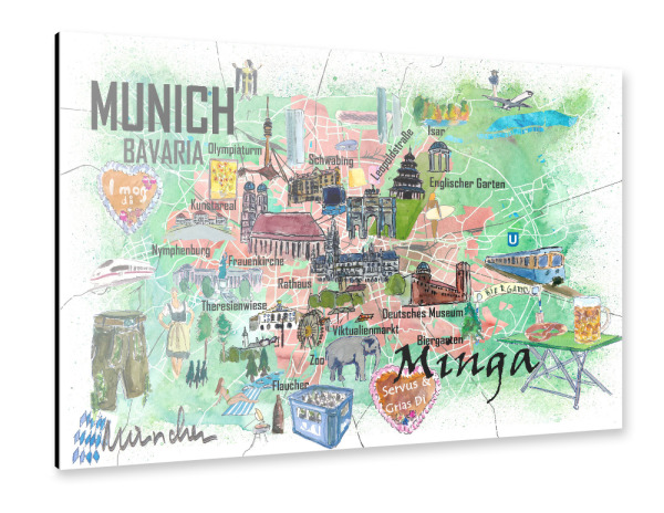 Alu-Dibond "München Minga Illustrierte Karte" 30x20 cm artboxONE