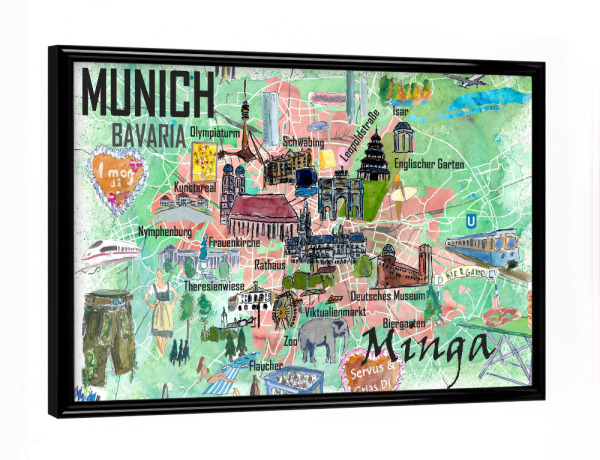 Poster mit schwarzem Rahmen "München Minga Illustrierte Karte" artboxONE - Reise,Architektur,Kartografie