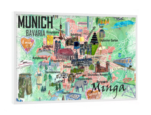 Poster mit weißem Rahmen "München Minga Illustrierte Karte" artboxONE - Reise,Architektur,Kartografie