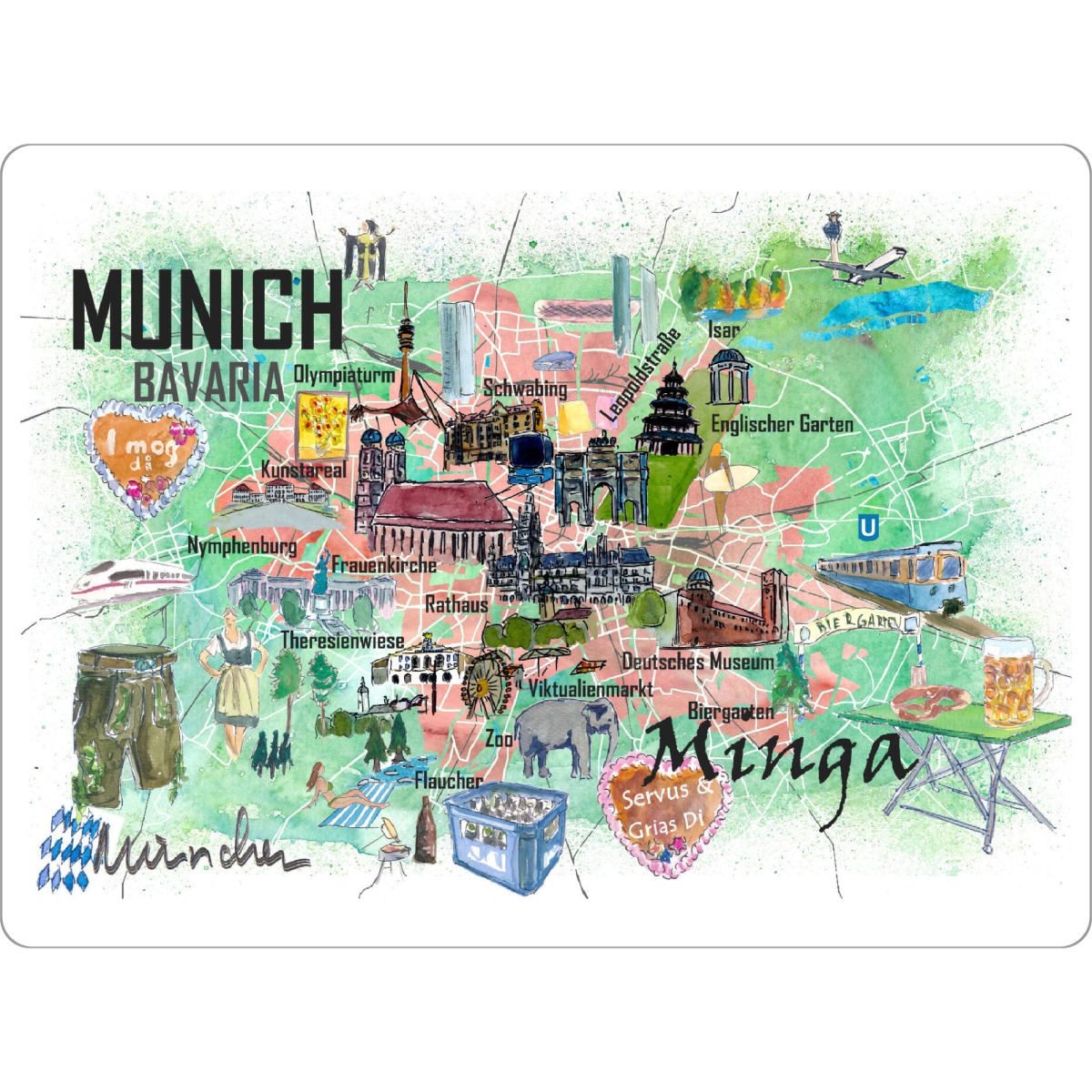 Tischset "München Minga Illustrierte Karte" artboxONE - Reise,Architektur,Kartografie