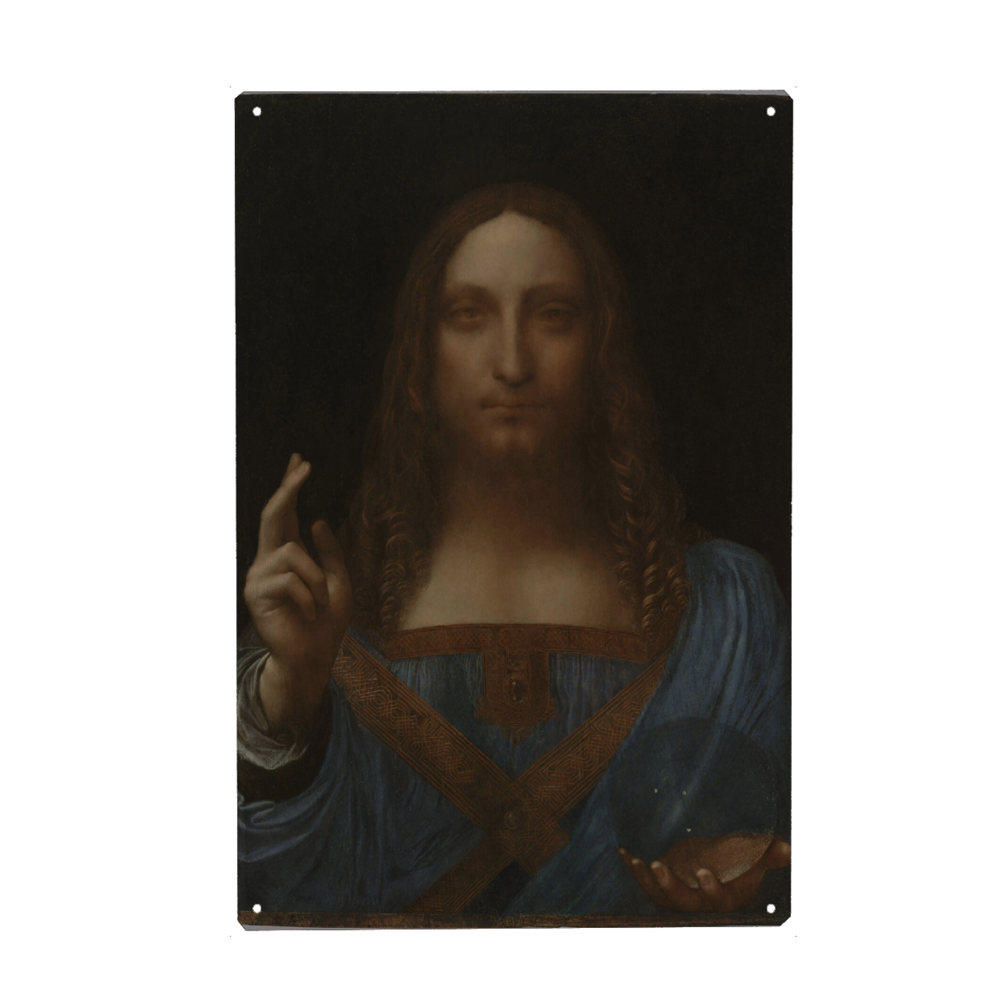 Metall Poster "Christ der Erlöser" artboxONE - Menschen,Männer - Leonardo da vinci,Christus,Mensch,Gemälde,Malerei,Kunst,Portrait,Dunkel,Gewandt,Kugel