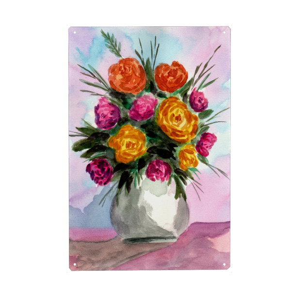 Holzbild "Rosenstrauß in Vase" artboxONE - Floral - Blumen,Rosen,Orange,Lila,Vase,Blumenstrauß,Bouquet,Farbenfroh,Wasserfarben