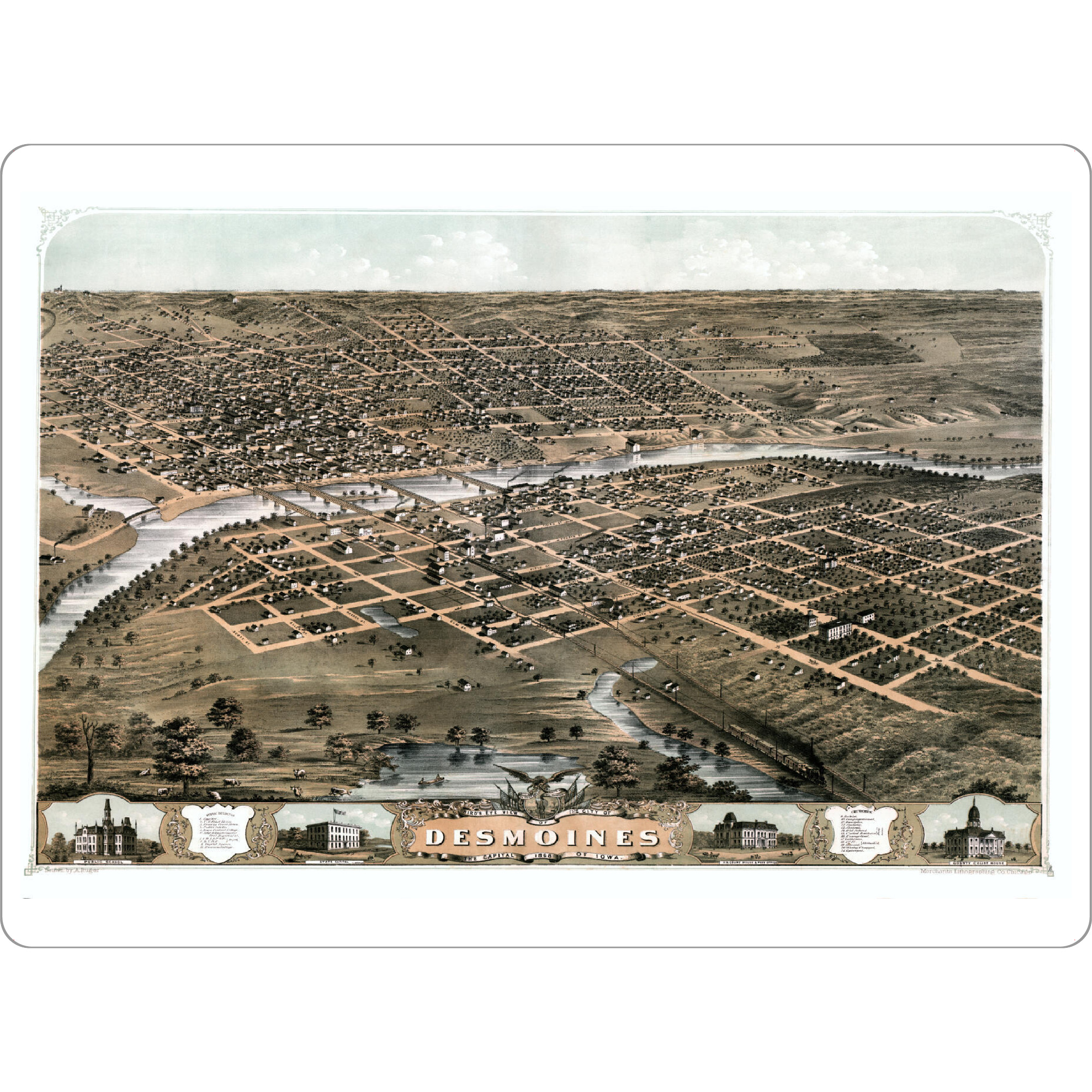 Tischset "The city of Des Moines map" artboxONE - Natur,Kartografie - Karte,Flach,Jahrgang,Stadt,Alte,Retro,Reise - Bild karte