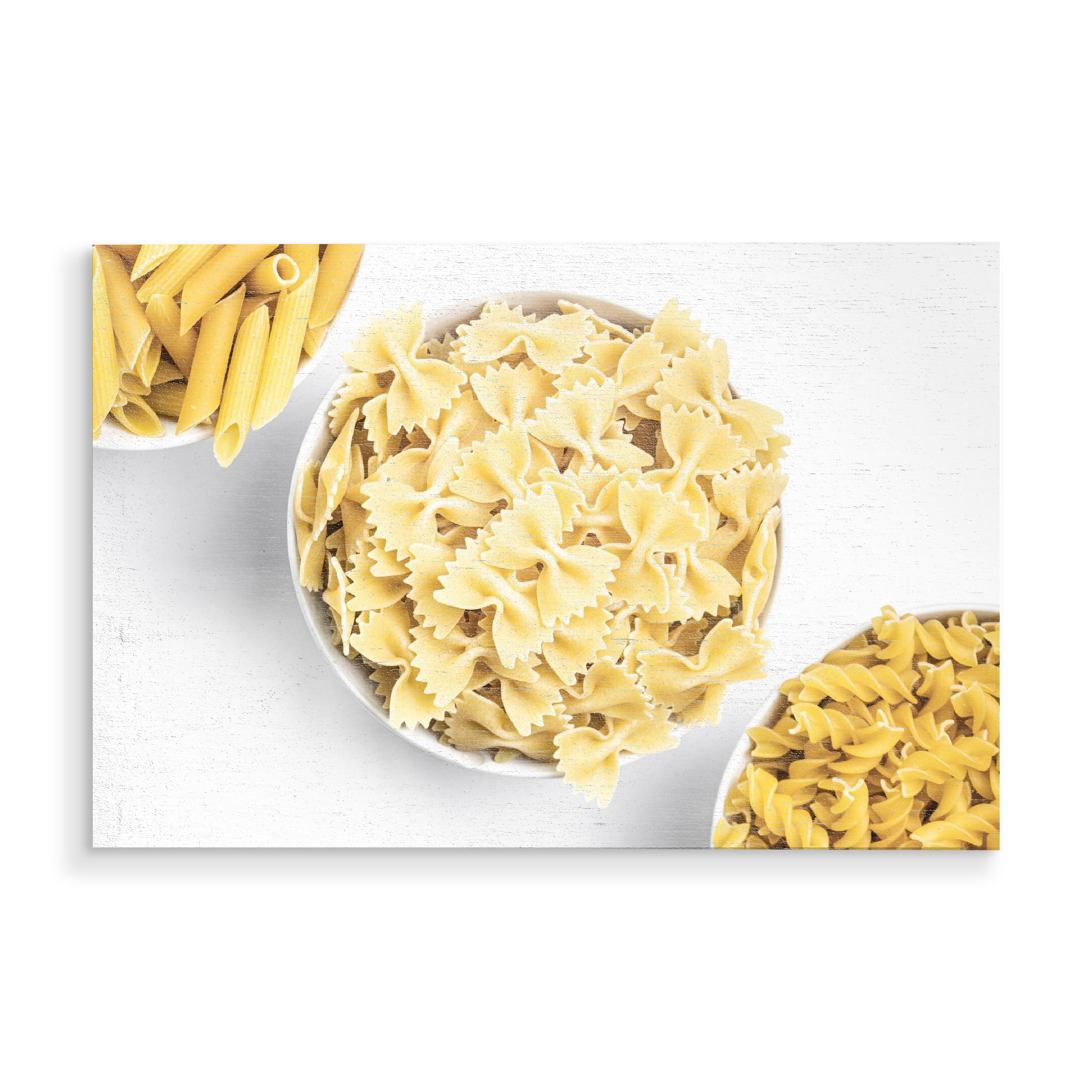 Holzbild "3 Mal Nudeln - Detail" artboxONE - Essen & Trinken - Nudeln,Essen,Mahlzeit,Küche,Pasta,Fotografie,Minimalismus,Minimalistisch,Weiß