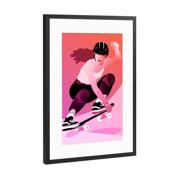 Poster mit Rahmen Schwarz (Metallic) "Skaterin macht Skateboard-Tricks" artboxONE - Menschen,Sport