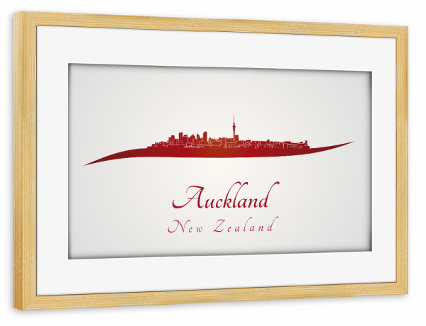 Poster mit Rahmen kiefer "Skyline von Auckland in Rot" artboxONE - Städte - Skyline,Stadt,Denkmäler,Metropole,Reise,Tourismus,Geschenk,Souvenir,Rot