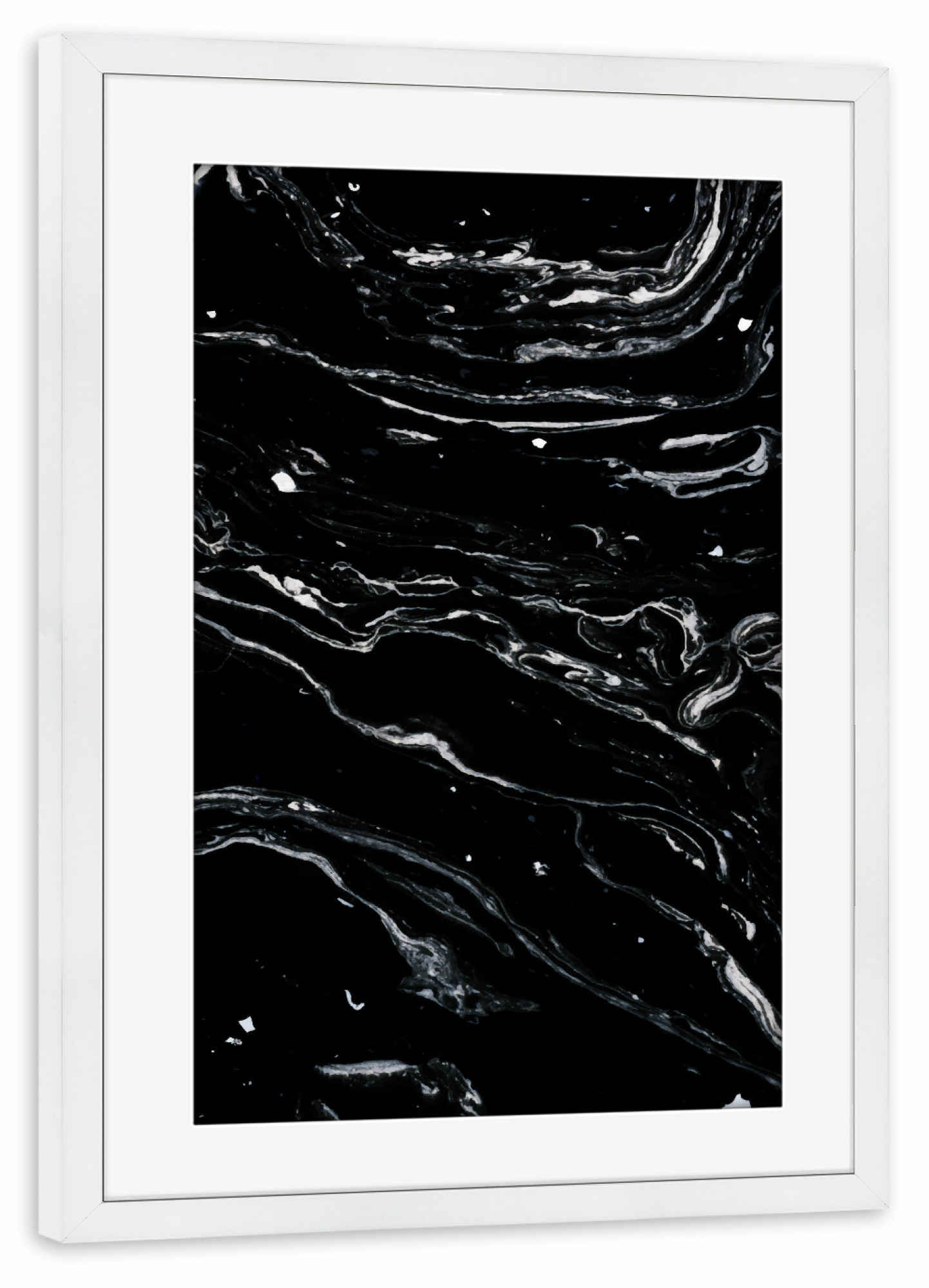 Poster mit Rahmen weiß "Schwarzer Marmorraum" artboxONE - Abstrakt,Marmor - Grafik,Abstrakt,Marmor,Exotisch,Schwarz und weiß,Textur,Schwarzweiß