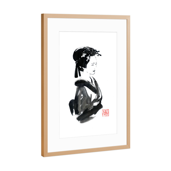Poster mit Rahmen Kupfer "Schöne Geisha" artboxONE - Floral,Menschen,Schwarzweiß - Sumie,Japan,Geisha,Schwarzweiß,Frau