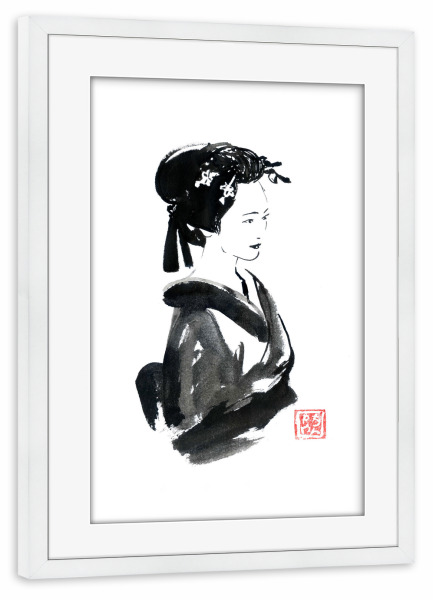 Poster mit Rahmen weiß "Schöne Geisha" artboxONE - Floral,Menschen,Schwarzweiß - Sumie,Japan,Geisha,Schwarzweiß,Frau