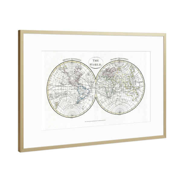Poster mit Rahmen Gold "Weltkarte in Hemisphären" artboxONE - Kartografie - Karte,Plan,Antik,Retro,Alt,Karten,Karte der welt,Illustration