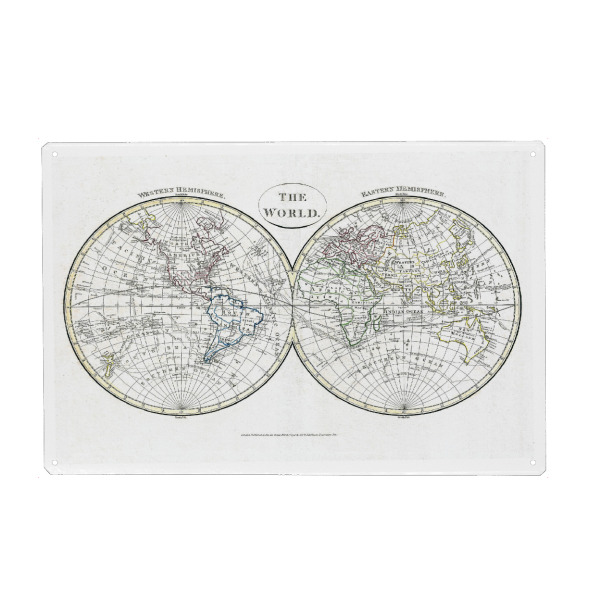 Metall Poster "Weltkarte in Hemisphären" artboxONE - Kartografie - Karte,Plan,Antik,Retro,Alt,Karten,Karte der welt,Illustration - Blechschild