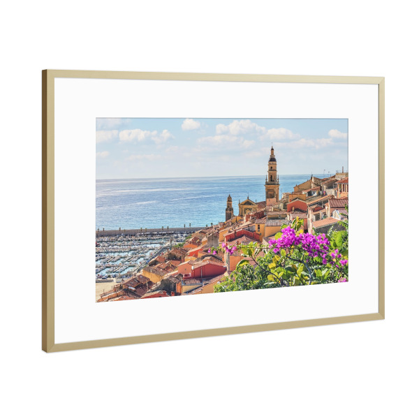Poster mit Rahmen Gold "Menton, Sommeransicht" artboxONE - Städte,Reise,Architektur,Reise / Strand und Meer,Reise / Länder