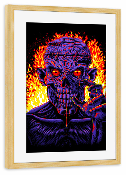 Poster mit Rahmen kiefer "Zombie in Flammen" artboxONE - Comic - Zombie,Flammen,Feuer,Hölle,Monster,Terror,Halloween,Tod,Untote,Streuner