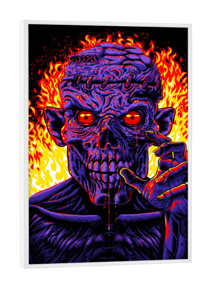 Poster mit weißem Rahmen "Zombie in Flammen" artboxONE - Comic - Zombie,Flammen,Feuer,Hölle,Monster,Terror,Halloween,Tod,Untote,Streuner