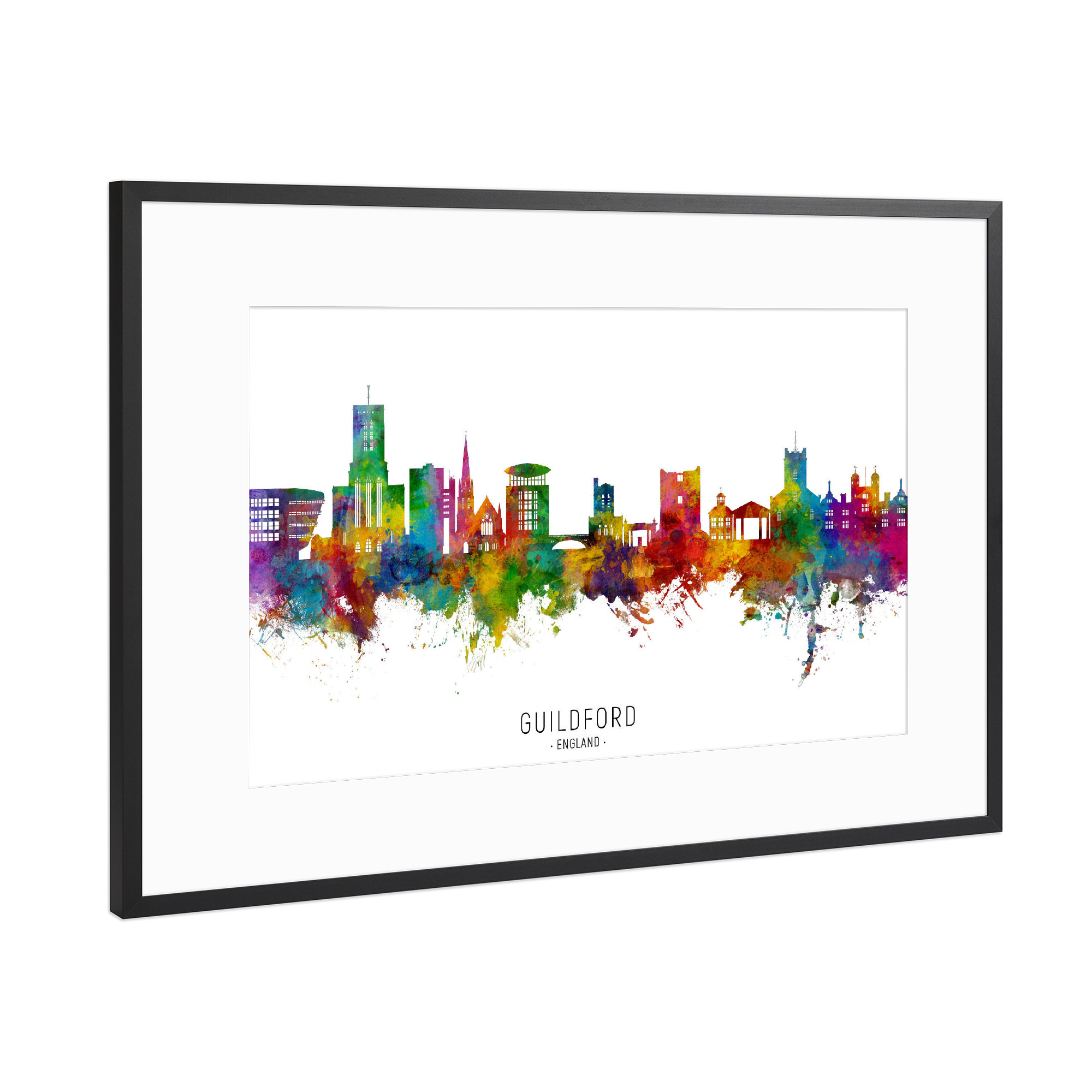 Poster mit Rahmen Schwarz (Metallic) "Guildford England Skyline txt" artboxONE - Städte