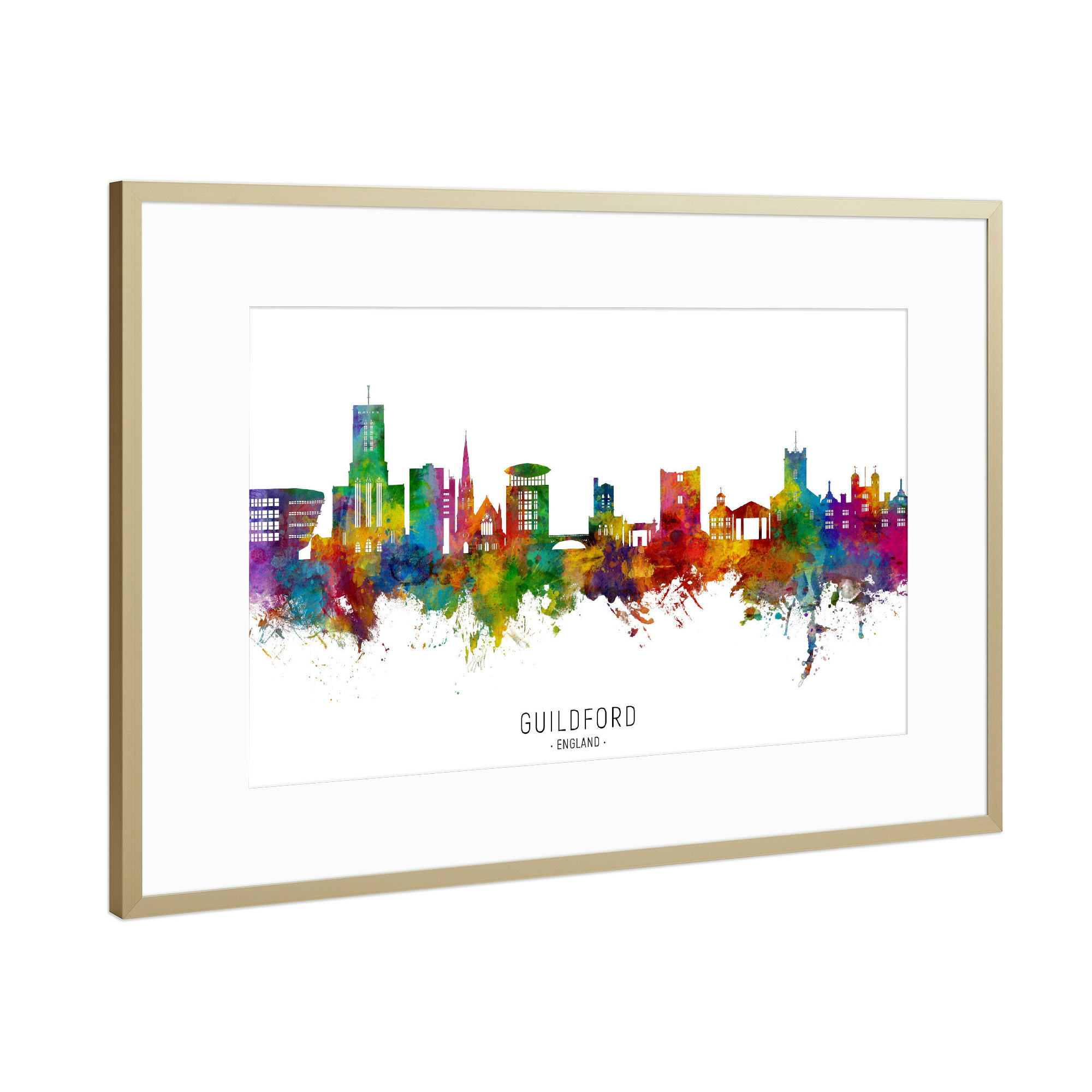 Poster mit Rahmen Gold "Guildford England Skyline txt" artboxONE - Städte - Guildford,England,Skyline,Stadtbild,Stadtbild,Aquarell,Malerei,Bunt
