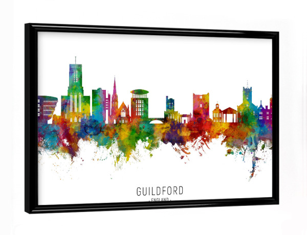 Poster mit schwarzem Rahmen "Guildford England Skyline txt" artboxONE - Städte - Guildford,England,Skyline,Stadtbild,Stadtbild,Aquarell,Malerei,Bunt