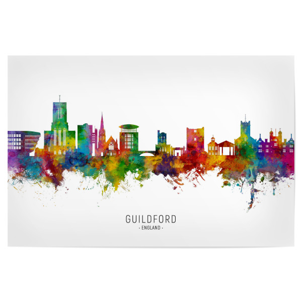 Poster "Guildford England Skyline txt" artboxONE - Städte - Guildford,England,Skyline,Stadtbild,Stadtbild,Aquarell,Malerei,Bunt