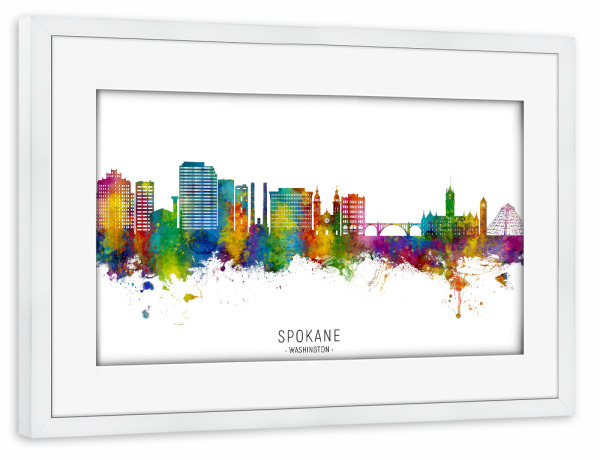 Poster mit Rahmen weiß "Spokane Washington Skyline txt" artboxONE - Städte - Spokane,Washington,Skyline,Stadtbild,Stadtbild,Aquarell,Malerei