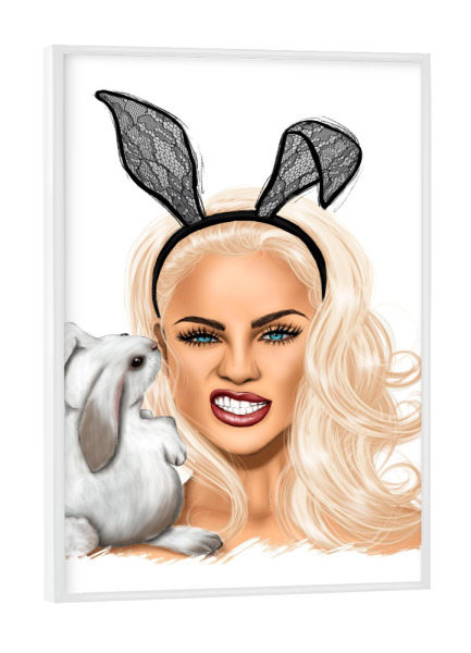 Poster mit weißem Rahmen "Blondes Mädchen mit Häschen" artboxONE - Tiere,Menschen,Fashion