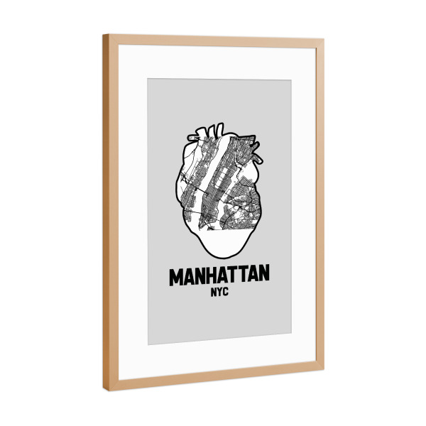 Poster mit Rahmen Kupfer "Manhattan New York Herzkarte - w" artboxONE - Städte / New York,Reise,Kartografie