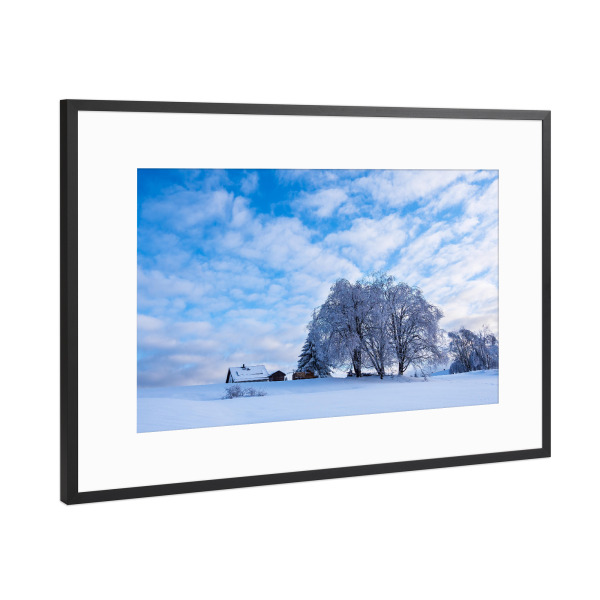 Poster mit Rahmen Schwarz (Metallic) "Schnee, Bäume und Haus" artboxONE - Natur,Reise,Architektur