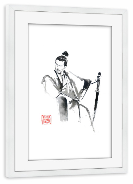 Poster mit Rahmen weiß "Sitzender Samurai" artboxONE - Menschen,Männer - Samurai,Sumie,Japan