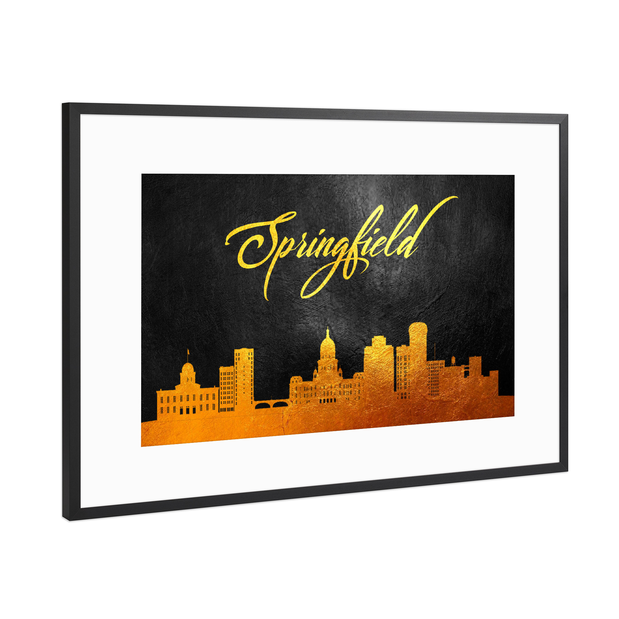 Poster mit Rahmen Schwarz (Metallic) "Springfield Illinois Gold-Skyline" artboxONE - Städte - Springfield,Illinois,Gold,Skyline