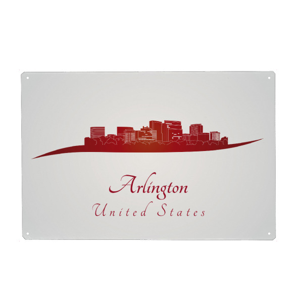 Metall Poster "Arlington-Skyline im Rot" artboxONE - Städte - Skyline,Stadt,Denkmäler,Metropole,Reise,Tourismus,Geschenk,Souvenir,Rot,Arlington