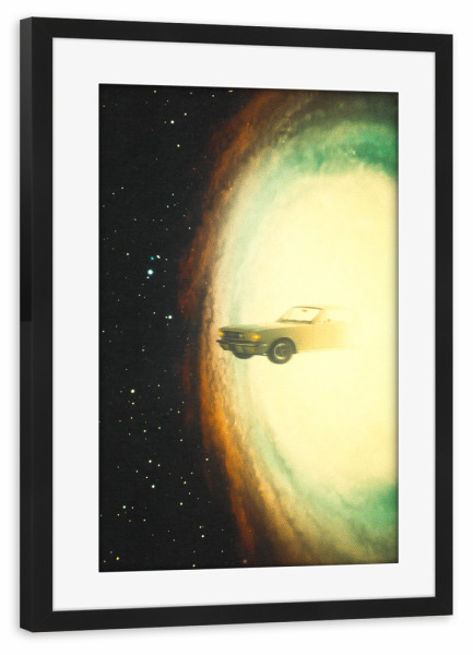 Poster mit Rahmen schwarz "Ein Auto fliegt durch die Galaxie" artboxONE - Reise,Automobile,Galaxy