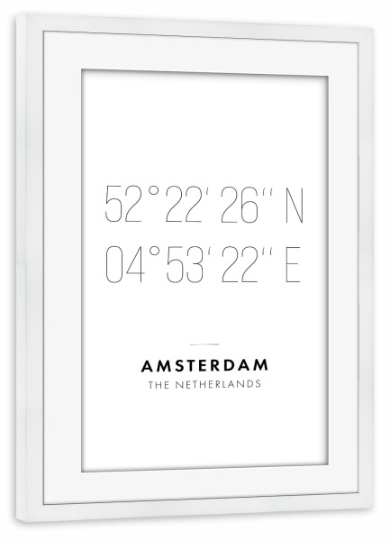 Poster mit Rahmen weiß "Koordinaten Amsterdam" artboxONE - Städte,Reise,Schwarzweiß,Städte / Amsterdam,Kartografie