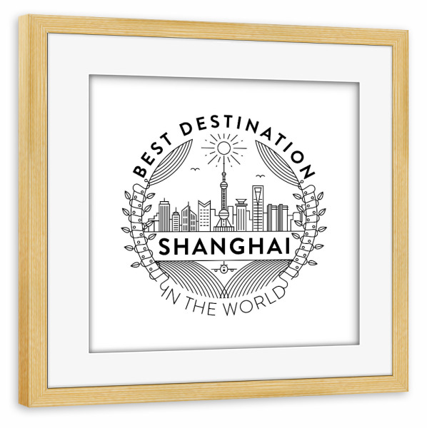 Poster mit Rahmen kiefer "Shanghai-Abzeichen" artboxONE - Städte - Stadt,Abzeichen,Wahrzeichen,Symbol,Vektor,Illustration,Gebäude