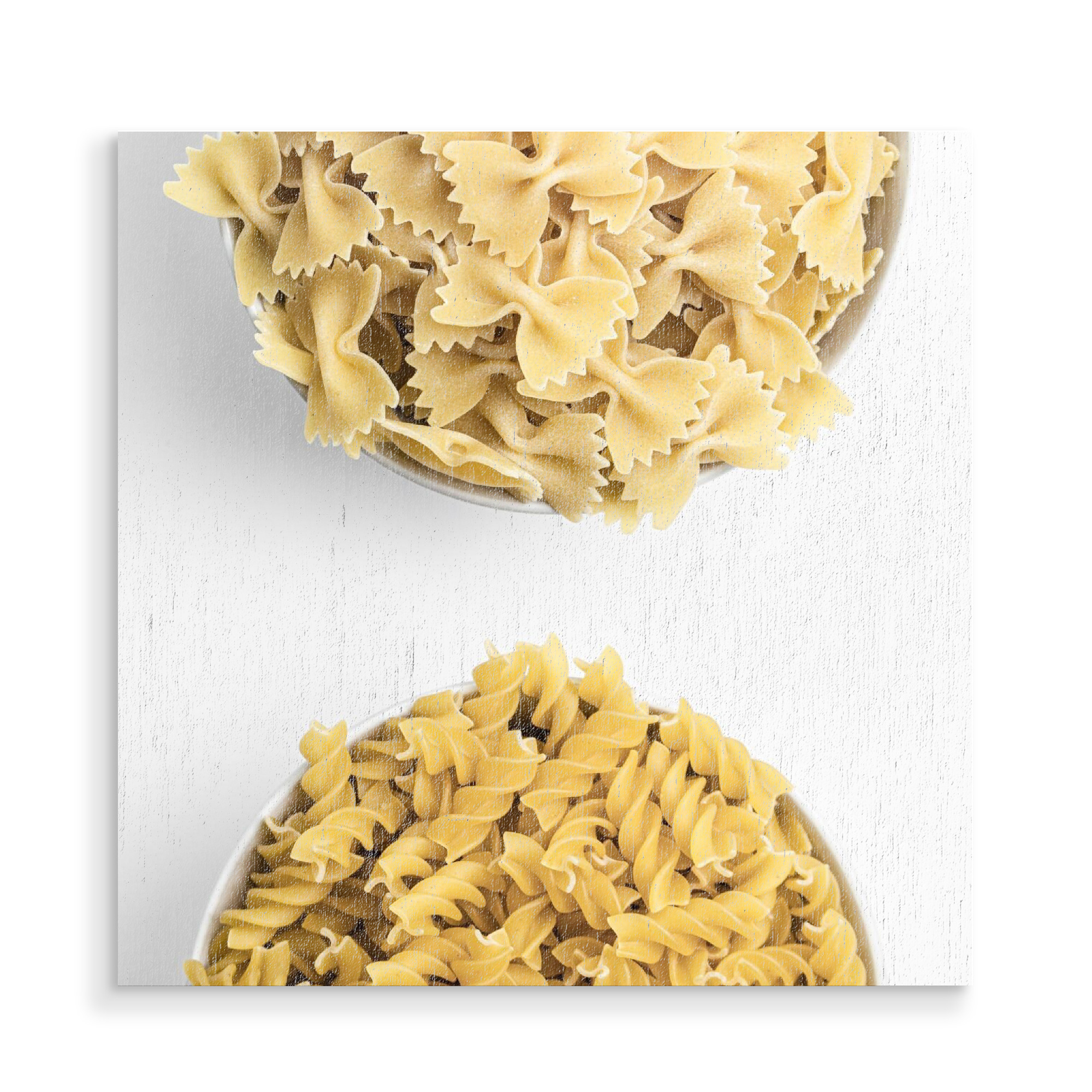 Holzbild "Farfalle & Fusilli" artboxONE - Essen & Trinken - Pasta,Nudeln,Essen,Küche,Mahlzeit,Fotografie,Weiß,Minimalismus,Minimalistisch