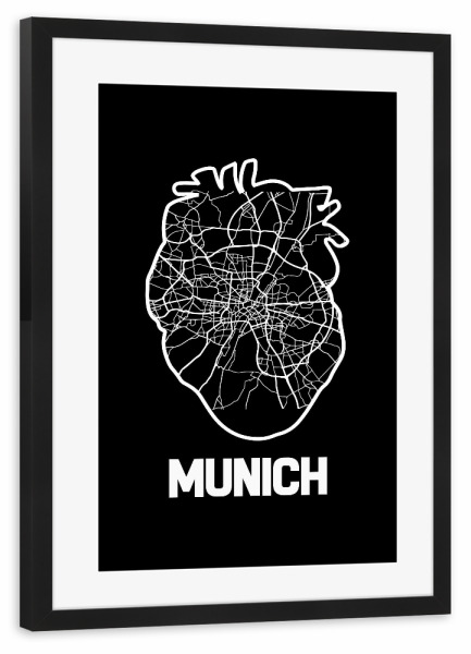 Poster mit Rahmen schwarz "Münchner Herzkarte" artboxONE - Städte / München,Reise,Kartografie