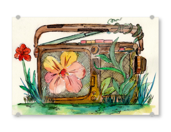 Acrylglasbild "Blumen Radio" artboxONE - Natur,Musik - Radio,Elektronik,Blumen,Wasserfarben,Tragbar,Musik,Elektroschrott,Pflanzen,Wiese,Wildnis