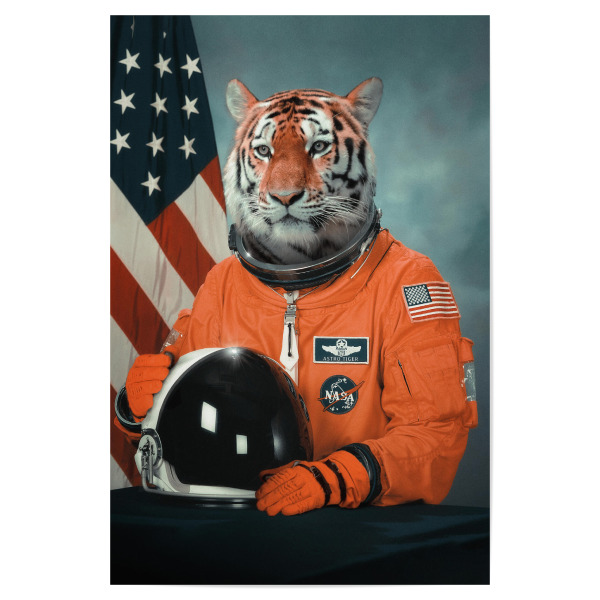 Poster "Astro-Tiger" artboxONE - Tiere,Lustig - Tiger,Tiere,Pop art,Moderne kunst,Zeitgenössische kunst,Lustig,Humor,Jonas loose,Raum,Astronaut,Retro