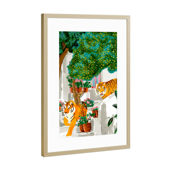 Poster mit Rahmen Gold "Tiger in Griechenland | Santorin" artboxONE - Tiere,Architektur